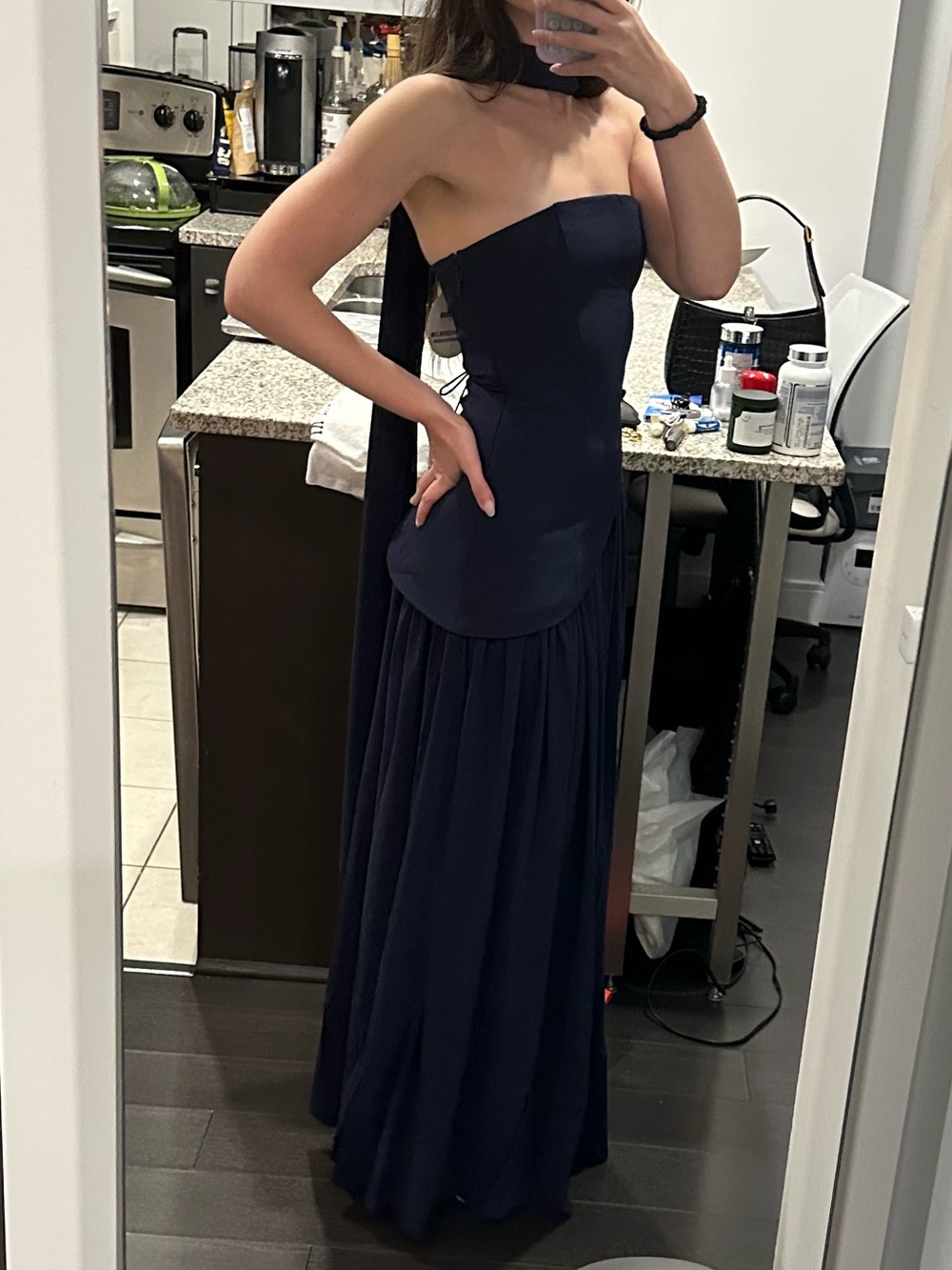 Babyboo Strapless Navy Dress with Scarf Detail - Picture 3 of 3